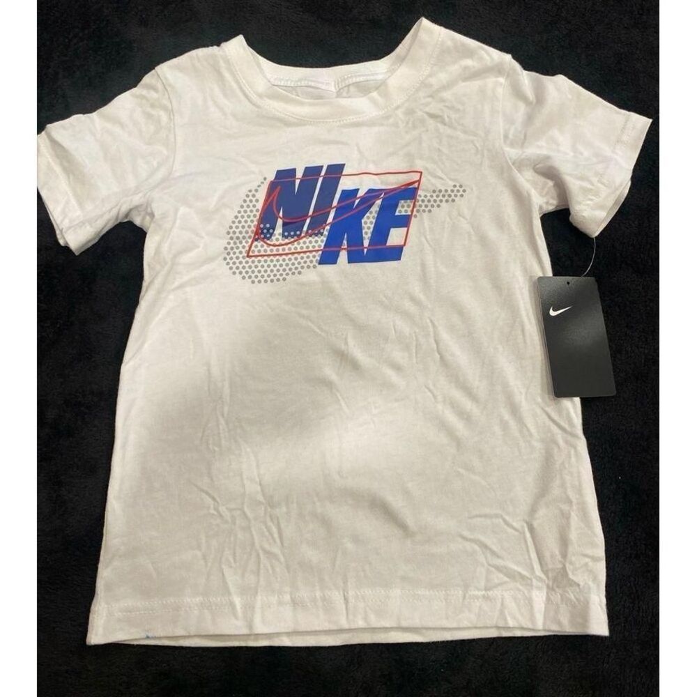 Nike‎ Boys Graphic T-Shirt White Blue Red Logo Short Sleeve Tee Size L 6-7 YRS